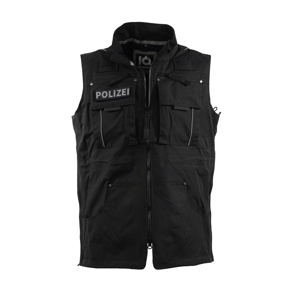 IQ K9 Diensthundeführerweste Pro in Schwarz mit Polizei-Patch, Frontansicht