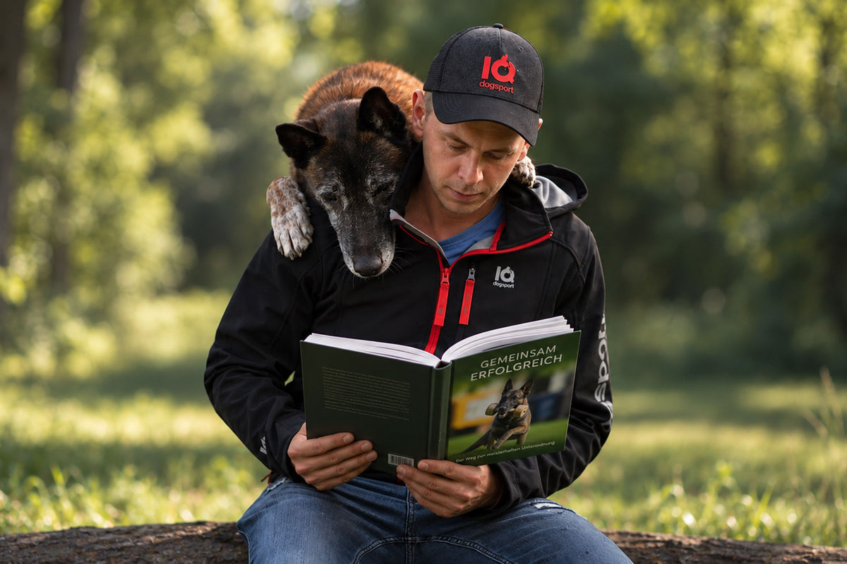 Malinois looking over the shoulder of a man holding a book on obedience