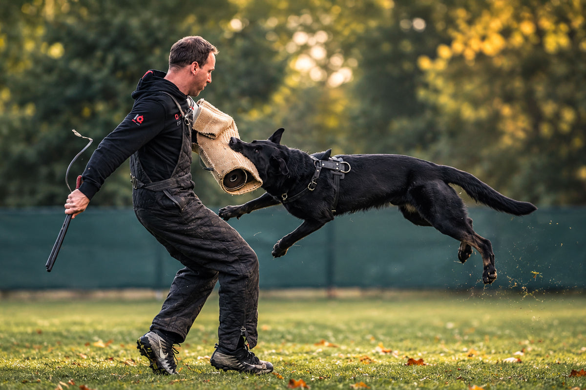 Dr. Florian Knabl training protection work with a black German Shepherd on the bite sleeve